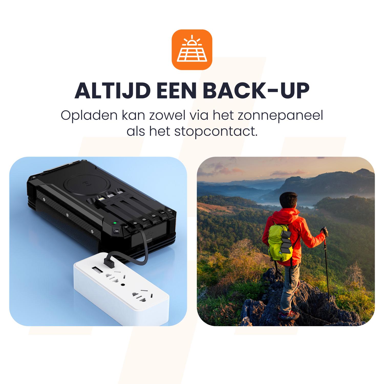 opladen via stopcontact en zonnepaneel heko solar powerbank swung 2