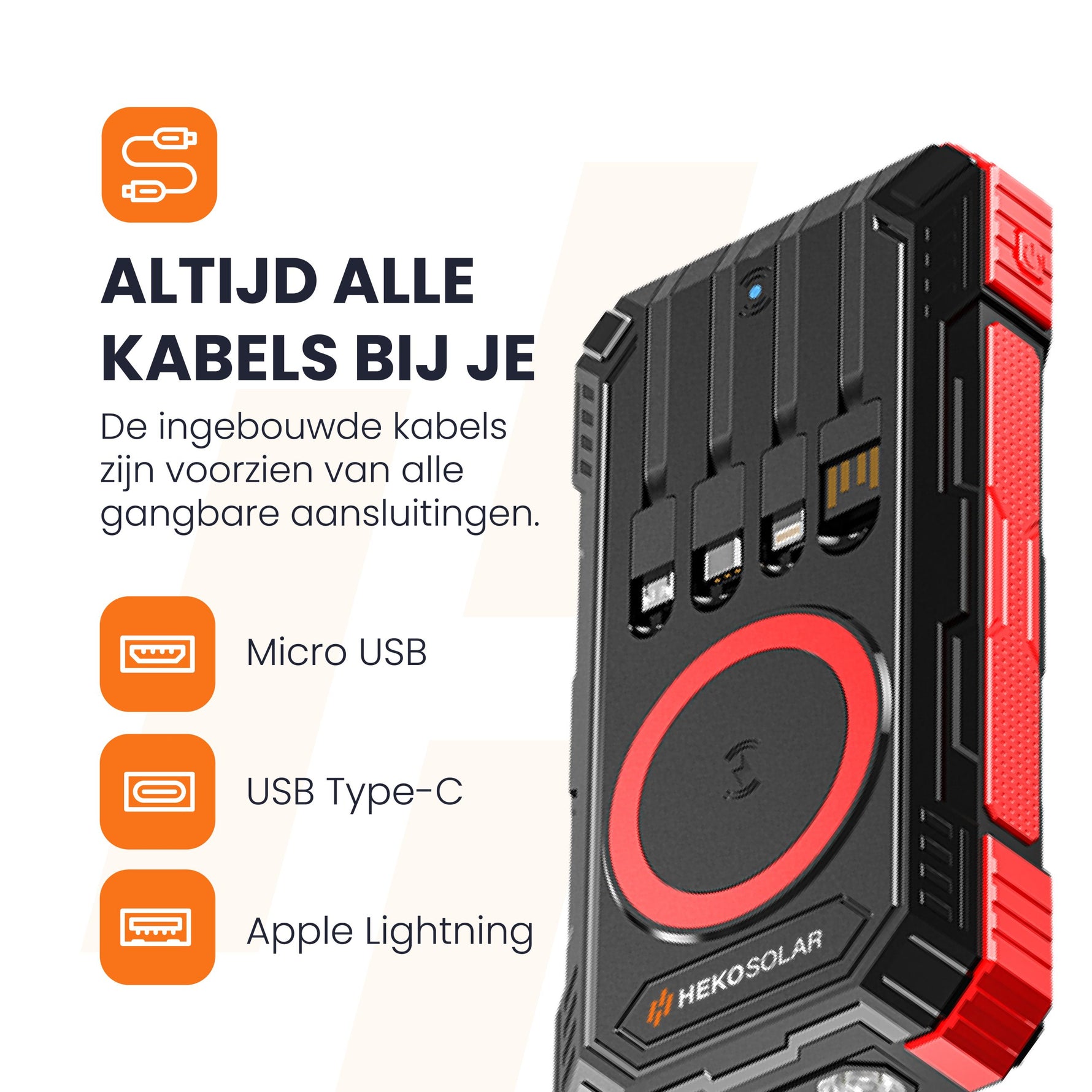 solar powerbank met ingebouwde kabels