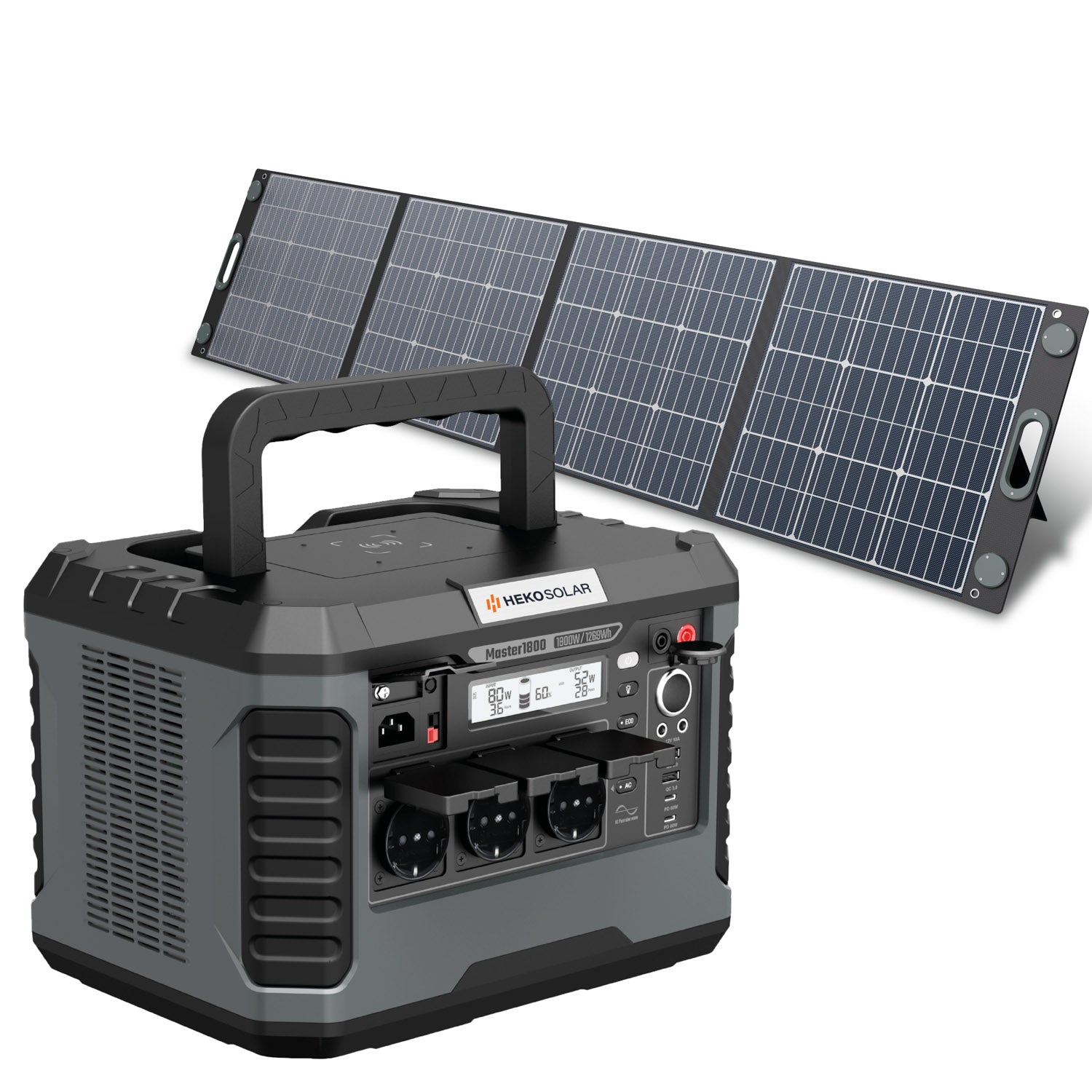 hoofdafbeelding heko solar master 1800 powerstation en combinatie unfold 200 watt draagbaar zonnepaneel portable solar panel