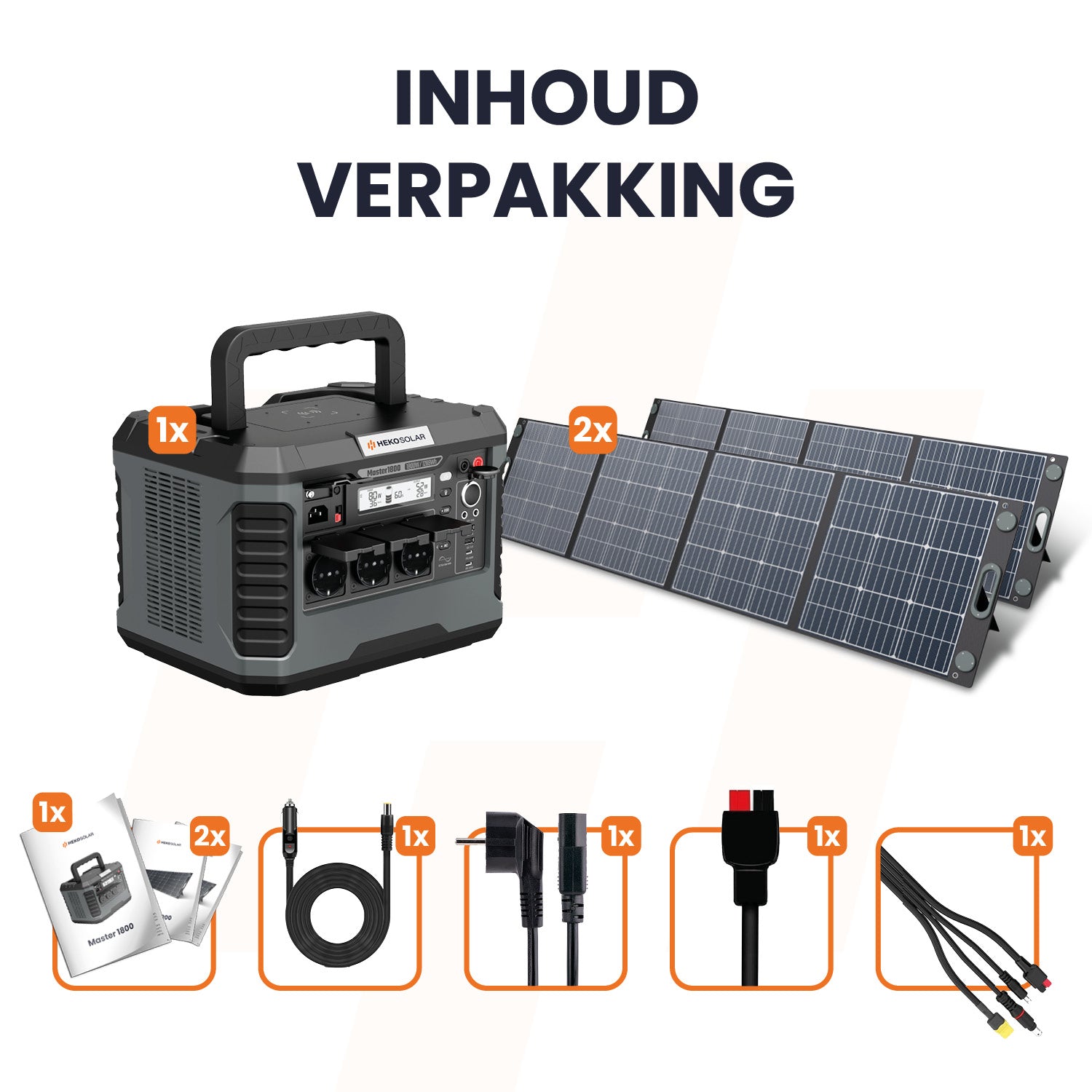 inhoud verpakking heko solar master 1800 watt powerstation en heko solar unfold 400 watt draagbaar zonnepaneel