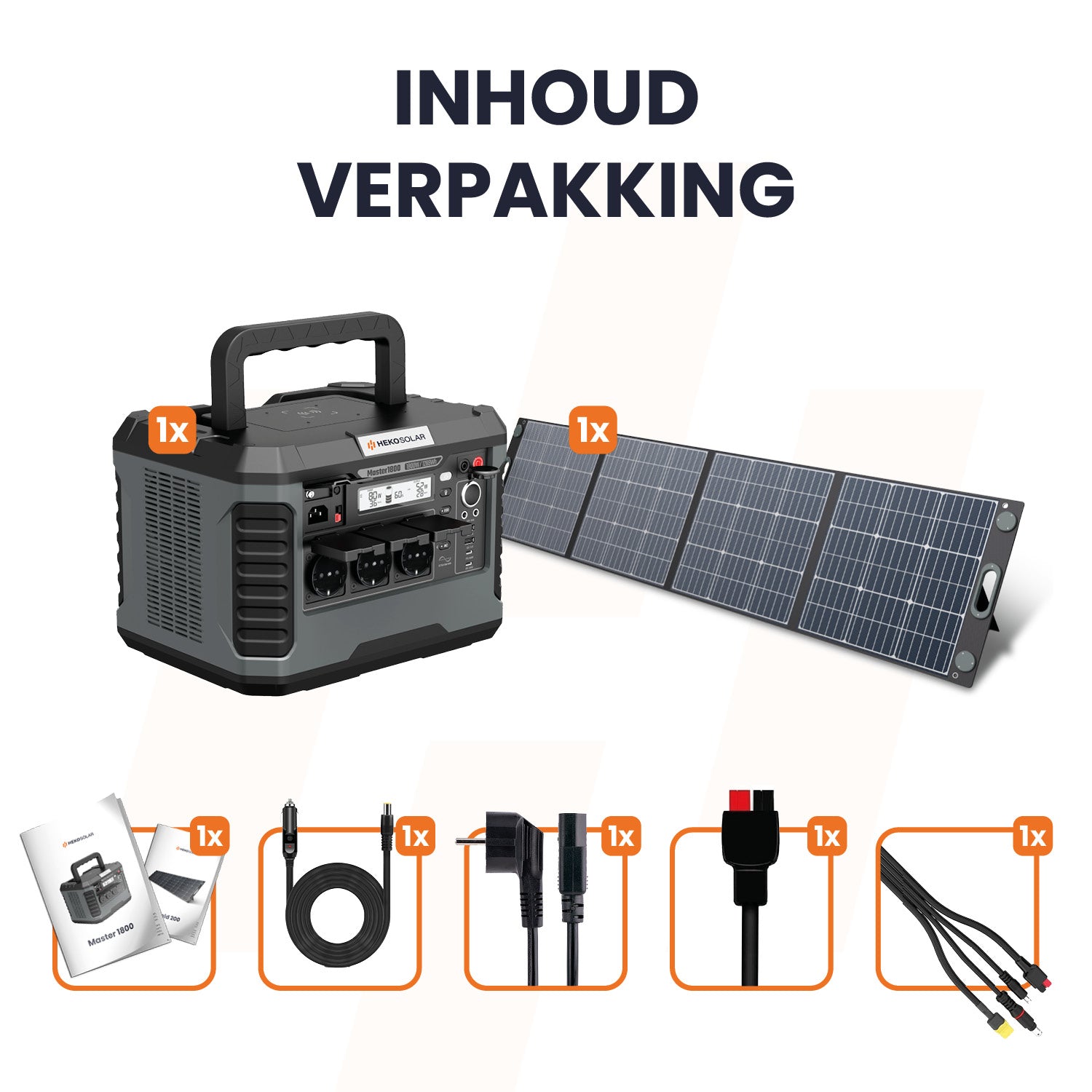 inhoud verpakking heko solar master 1800 watt powerstation en heko solar unfold 200 watt draagbaar zonnepaneel