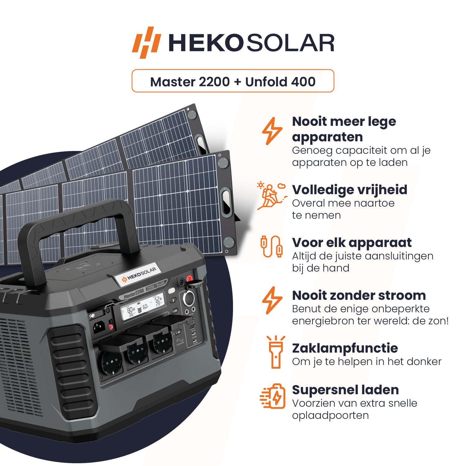 omschrijving heko solar master 2200 watt powerstation en heko solar unfold 400 watt draagbaar zonnepaneel