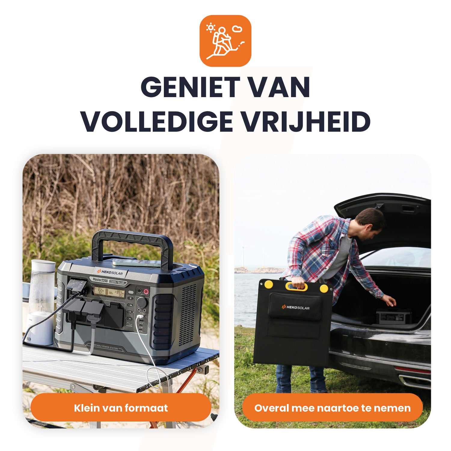 overal mee naartoe te nemen nooit meer zonder stroom heko solar master 2200 watt powerstation en heko solar unfold 200 watt draagbaar zonnepaneel