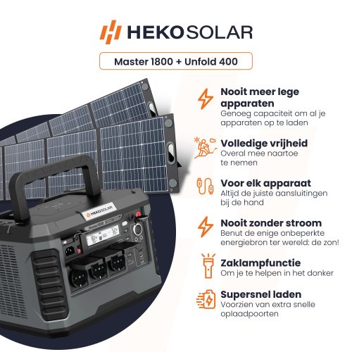 omschrijving heko solar master 1800 watt powerstation en heko solar unfold 400 watt draagbaar zonnepaneel